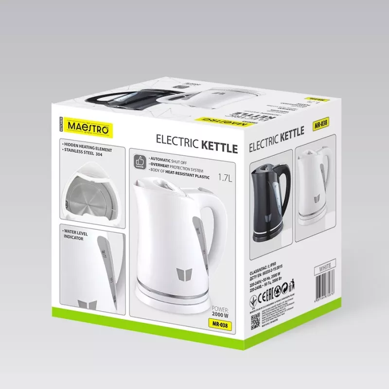 Elektrische waterkoker Maestro MR-038-WHITE, 1,7 L, 2000 W, draadloos, automatische uitschakeling