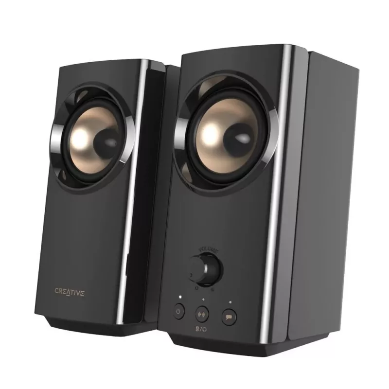 CREATIVE T60 2.0 compacte Hi-Fi desktop-luidsprekers met heldere dialoog en surround via Sound Blaster SmartComms Kit, USB-C audio-, microfoon- en headsetaansluitingen B