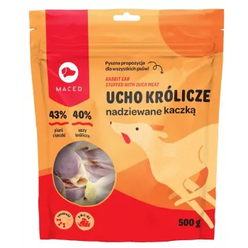 Tandverzorgingskaustrips MACED eend met konijnenoor 500 g — langdurige natuurlijke kauwsnack, eiwit 50%, geschikt voor alle rassen