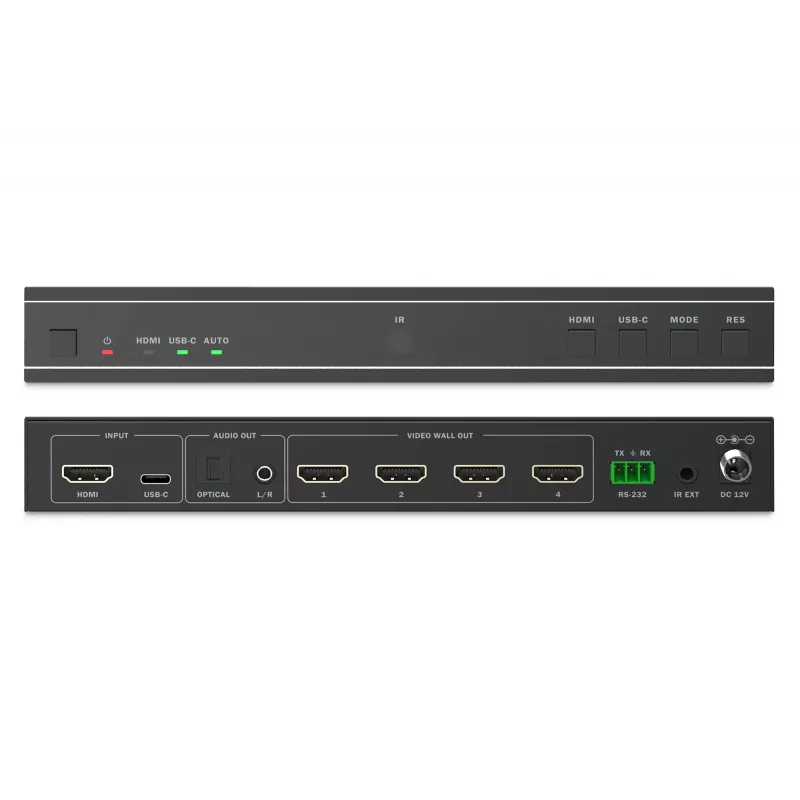 DIGITUS DS-55358 HDMI-videowandcontroller, 4 beeldschermen, 4K/30Hz-uitgang, 4K/60Hz-ingang via HDMI 2.0 / USB-C (DP 1.2a), RS232, afstandsbediening, zwart