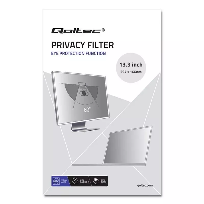 Qoltec 51050 privacyfilter voor beeldscherm (13,3 inch) (11,59 inch, 16:9), beeldschermfolie voor notebook