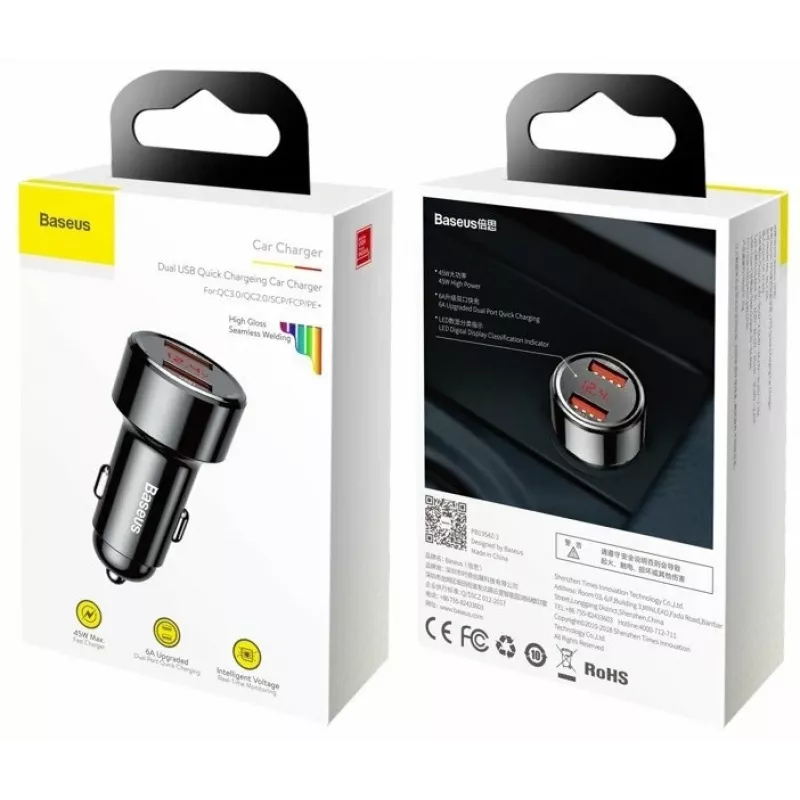 Baseus Magic CCMLC20A-01 autolader, 2x USB-A QC 3.0, 45 W, 6 A, spanningsdisplay, zwart