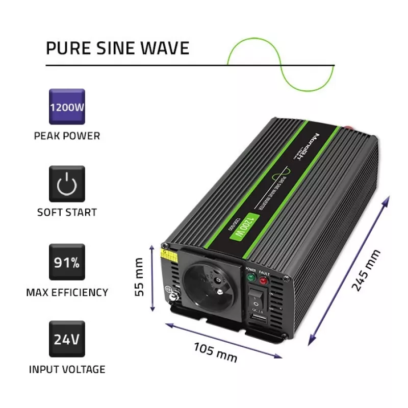 Auto-omvormer Qoltec Monolith 1200 W zwart 24 V