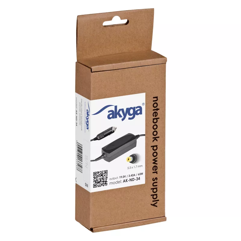 Akyga AK-ND-34 auto-notebookvoeding voor Acer, 65 W, 19 V / 3,42 A, 5,5 x 1,7 mm, 12 V ingang