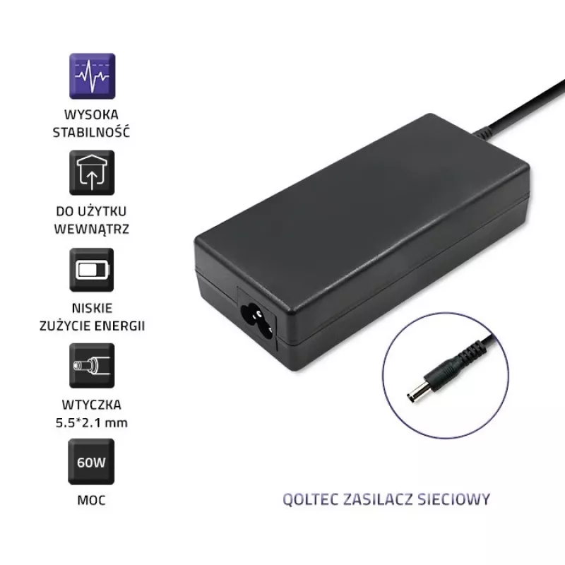 Qoltec 50797 desktop-voeding 60 W, 12 V, 5 A, 5,5x2,1 mm, met stroomkabel