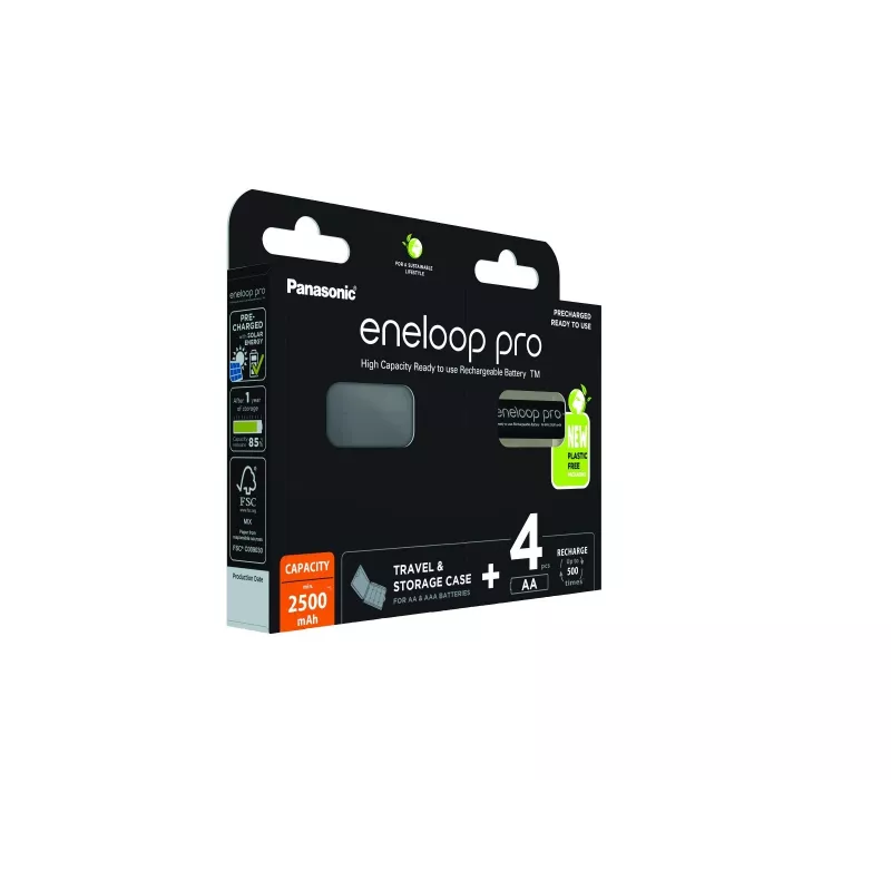 Accu's PANASONIC ENELOOP PRO AA 2500 mAh 4 stuks + etui (BK-3HCDE/4CP+CASE)