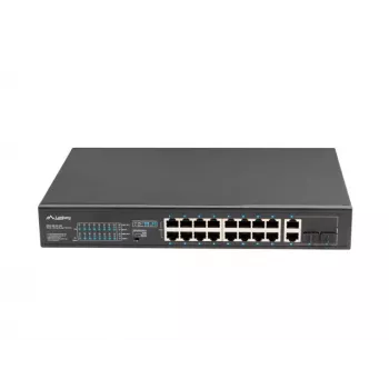 Unmanaged switch LANBERG RSFE-16P-2C-150 — 18-poorts Gigabit, 16 PoE+/2 SFP, 150 W totaal, 1U rack, metaal, zwart