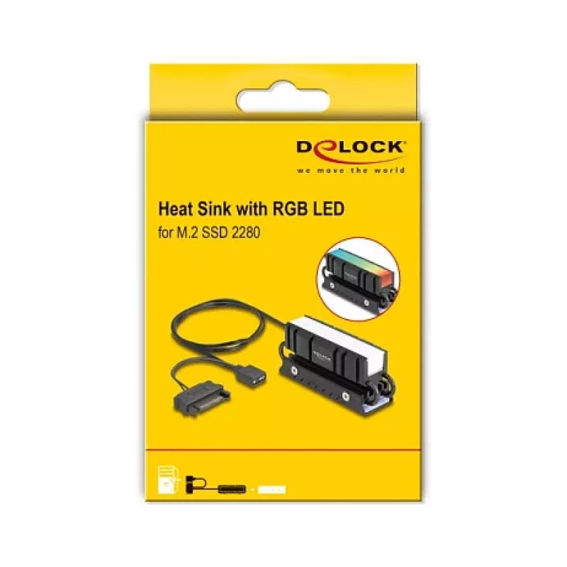 Koellichaam DELOCK 18460 voor M.2 SSD 2280 — aluminium/koper, RGB 5V, zwart