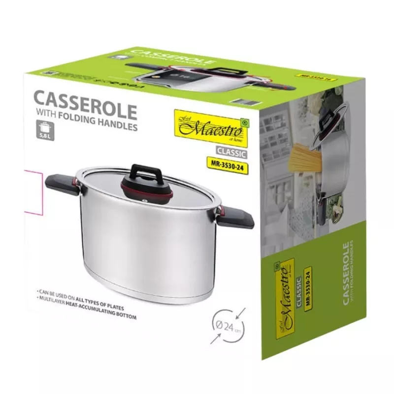 Pan Maestro MR-3530-24 RVS 24 cm, 5,5 L, klapbare handgrepen, glazen deksel