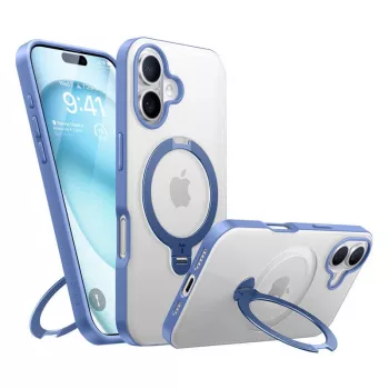 Beschermhoesje Torras Ostand Spin voor iPhone 16 – blauw, slank profiel, draadloos laden compatibel