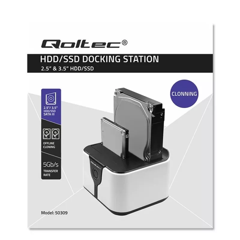 Qoltec 50309 HDD SSD 2.5 3.5 dockingstation | SATA III | USB 3.0 | Super Speed 5 Gb/s | met kloonfunctie