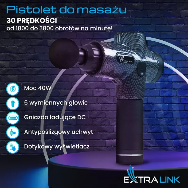 Massagepistool Extralink MSG-01-PRO 3800 t/min 6 opzetstukken
