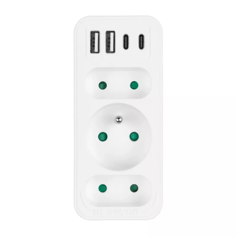 Power splitter MACLEAN MCE248 F/W — 3 AC-stopcontacten (1×16A, 2×6A) + 4×USB (2×A, 2×C PD 20W), EU-stekker, wit