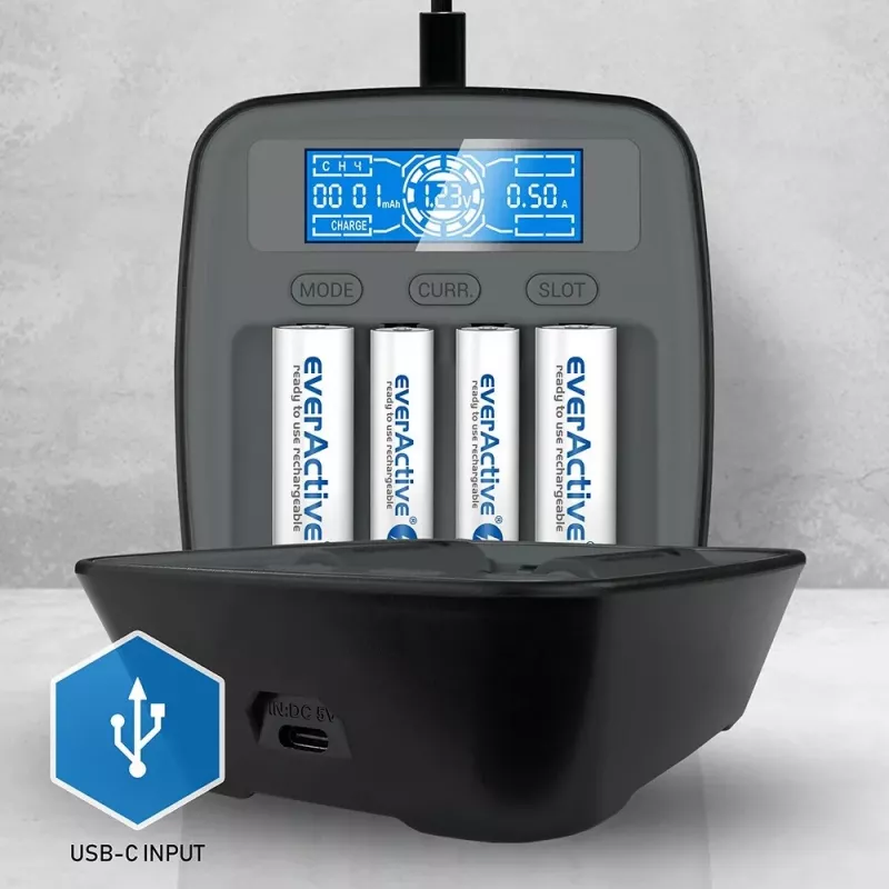everActive NC-1000M V2 batterijlader, Ni-MH, 4 sleuven AA/AAA, USB-C, zwart