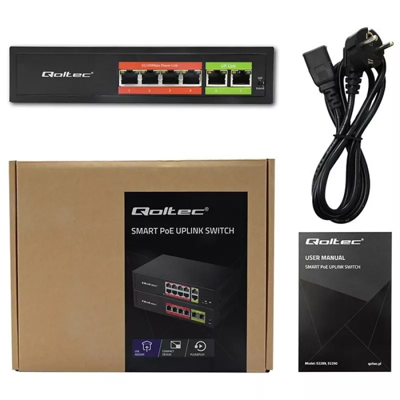 Ethernet PoE-switch QOLTEC 52289 — 4x RJ45 PoE-poorten, 2x RJ45 uplink, 65W PoE-budget