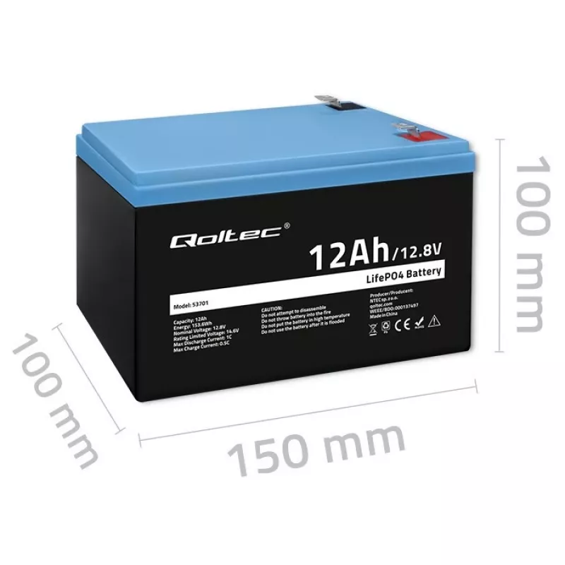 Qoltec LiFePO4 Lithium-ijzerfosfaat-accu 12,8 V 12 Ah 153,6 Wh met BMS