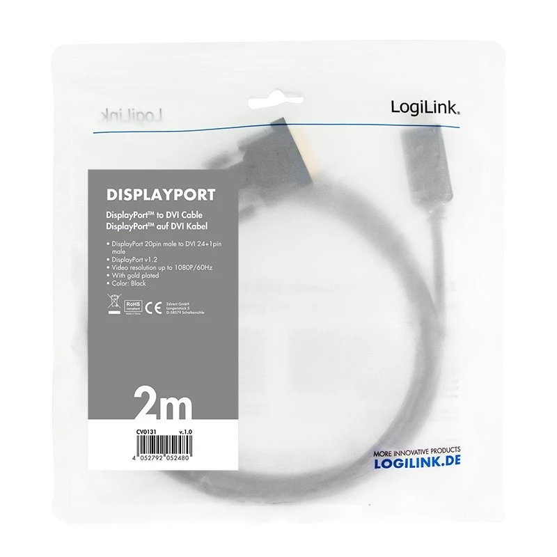 Videokabel-adapter LogiLink CV0131 2 m DisplayPort DVI zwart
