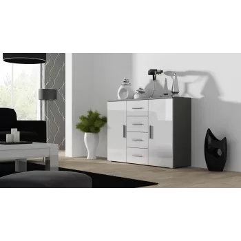 Sideboard Cama Meble UNI grijs/wit hoogglans, 2 deuren, 2 legplanken, 1320×380×920 mm