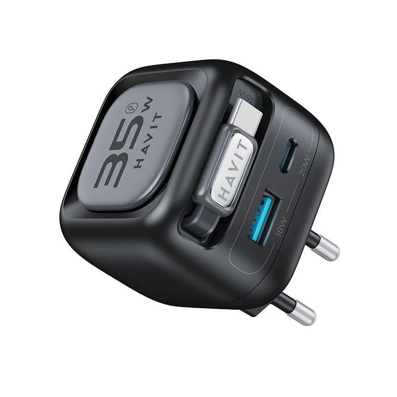 Havit UC250 A-EU GaN-reislader met uittrekbare kabel, zwart