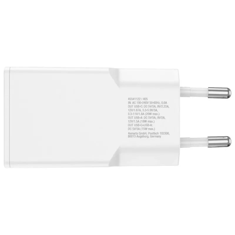 AC Indoor Mobile Device Charger 4smarts 541509 — 100–240V, USB-A + USB-C, 1,5 m kabel, snelopladen, wit