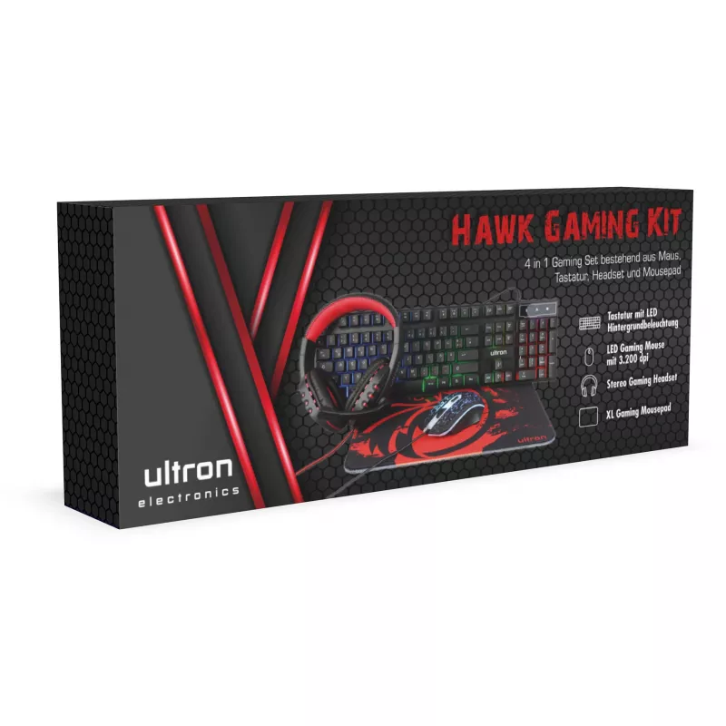 Gamingset Ultron HAWK toetsenbord muis QWERTZ Duits Zwart Rood Wit
