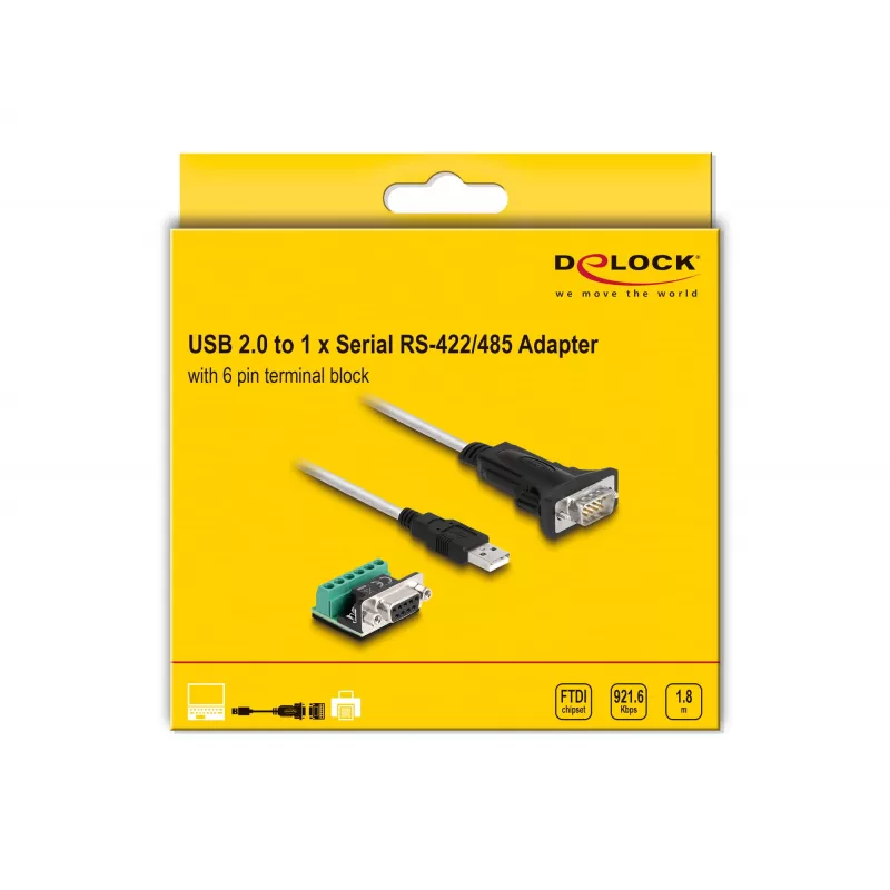 DeLOCK 63465 USB 2.0 Type-A naar serieel RS-422/485 adapter, 6-pins klemmenblok, 1,8 m, zwart/transparant