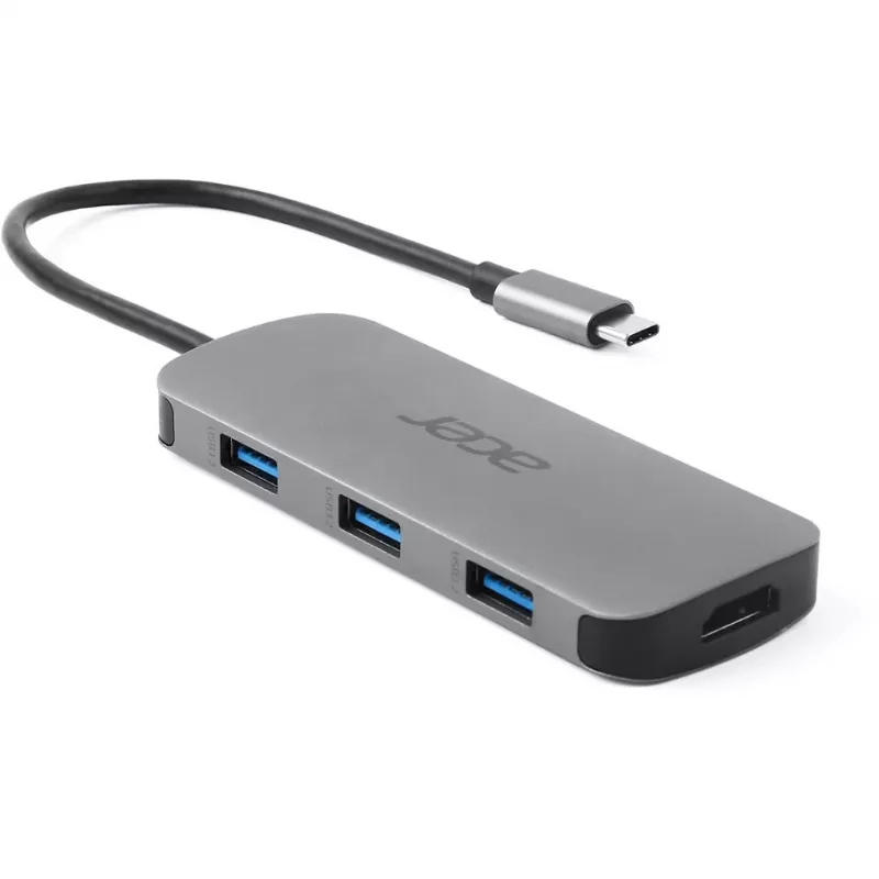 Acer HP.DSCAB.018 7-in-1 USB-C-dongle, 3x USB-A 5 Gb/s, HDMI 4K 60 Hz, SD/microSD, 100 W PD, zilver