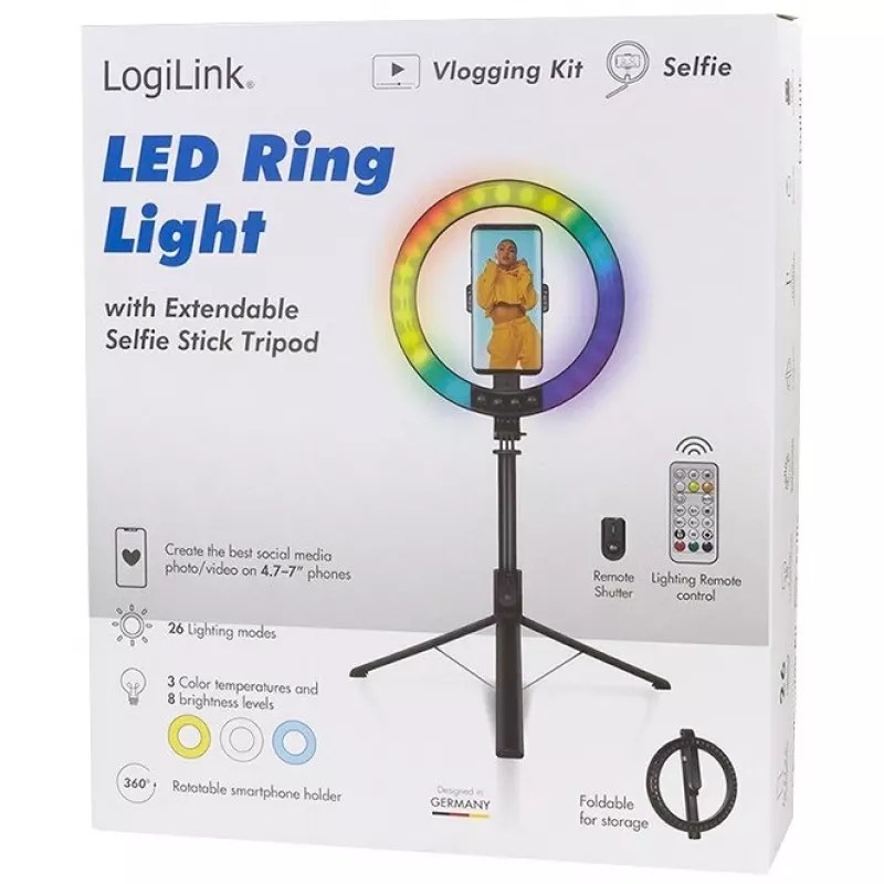LogiLink Smartphone-ringlamp met selfie-stick-statief, DM 20cm (AA0156)