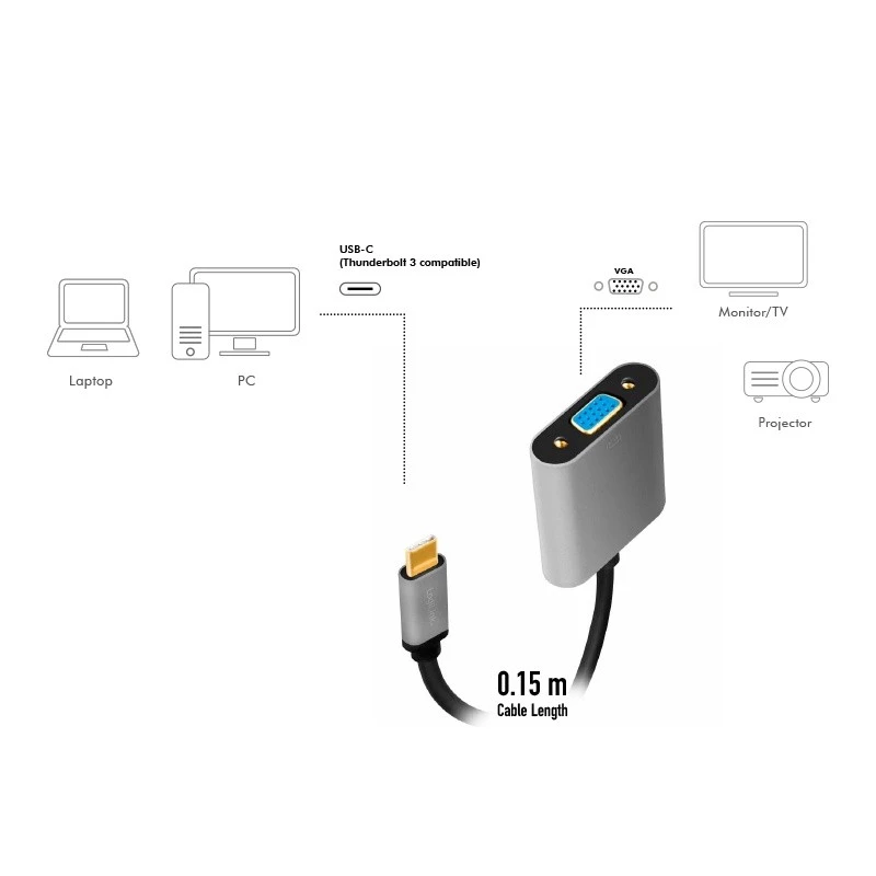 USB Type-C naar VGA (D-Sub) video-adapterkabel LOGILINK CUA0104 0,15 m, grijs/zwart