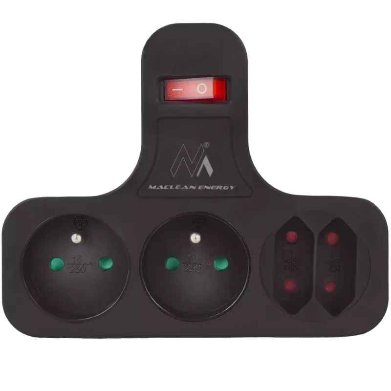 Maclean stopcontact, viervoudig met schakelaar, stabilisatievoet, type E, 2x2,5A, 2x16A, MCE224 E/B