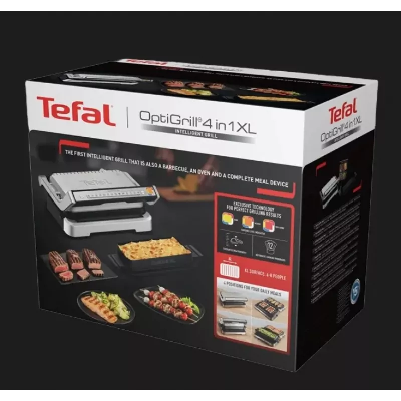 Elektrische contactgrill Tefal OptiGrill+ XL roestvrij staal — grote capaciteit, automatische bereidingsprogramma's