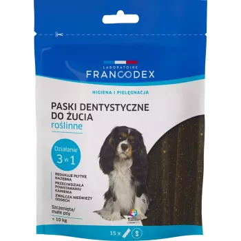 Tandverzorgingsstrips FRANCODEX voor honden, pak met 15 zakjes – tandverzorgingssnack voor kleine volwassen honden (5–10 kg), 228 g, groentesmaak, glutenvrij