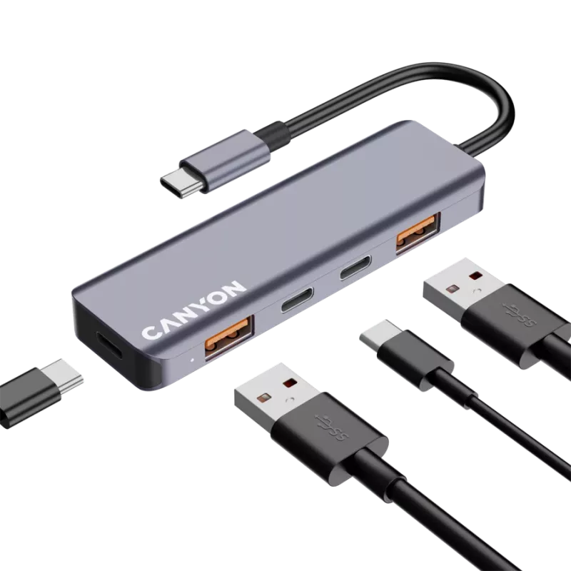 Canyon DS-18 - USB-C hub - 5 poorten - 1x USB-C 5V DC opladen - 2x USB-C - 10 Gbit/s - 2x USB 3.2