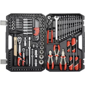 Monteurswerkzeugset YATO YT-38901 — 122-delige gereedschapsset met dopsleutels (12–32 mm), ratel, verlengstukken, schroevendraaiers, hamer, tangen, chroomafwerking