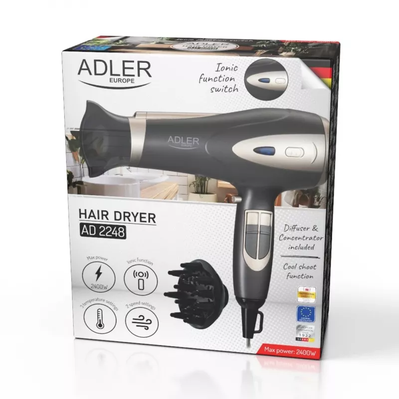 Haardroger Adler AD 2248gc 2200W — ionisch, 2 snelheden, 3 temperaturen, koudstand, diffusor, concentrator, 1,8 m kabel
