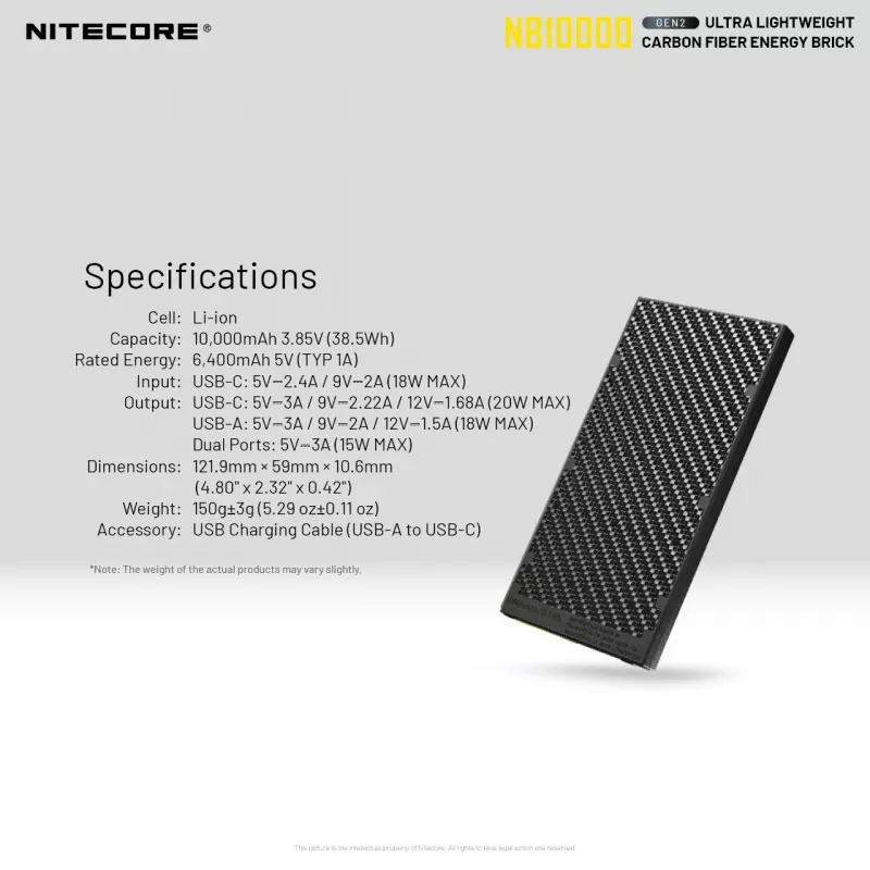 Draagbare powerbank Nitecore NB10000 — 10000 mAh, USB‑A + USB‑C, 38 W totale uitgang, grijs