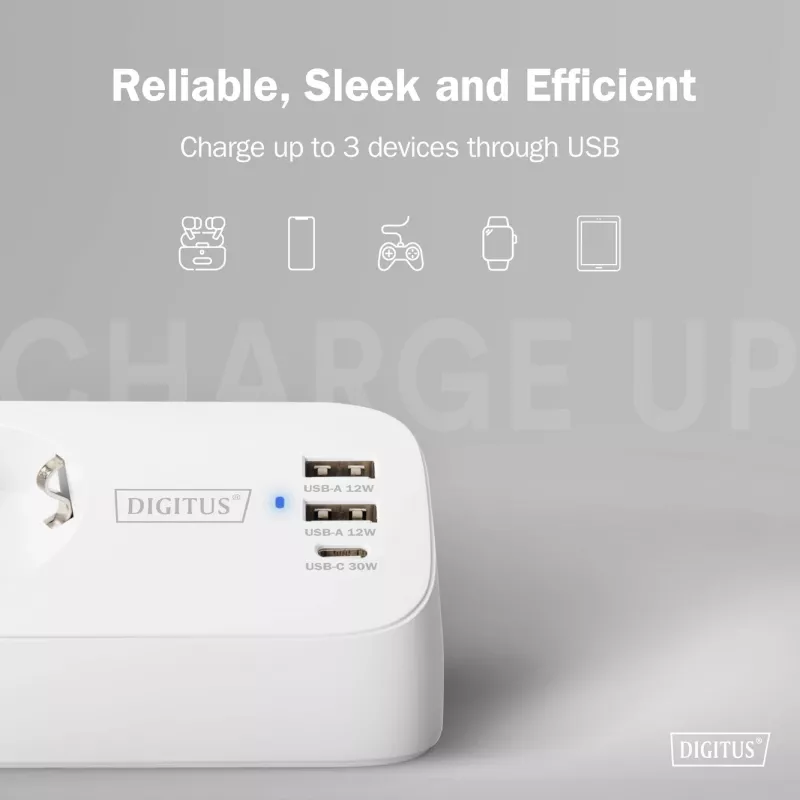 Meervoudig stopcontact DIGITUS 3-voudig met 2×USB-A en 1×USB-C, 3 AC-stopcontacten type E/F, 1,5 m kabel, wit