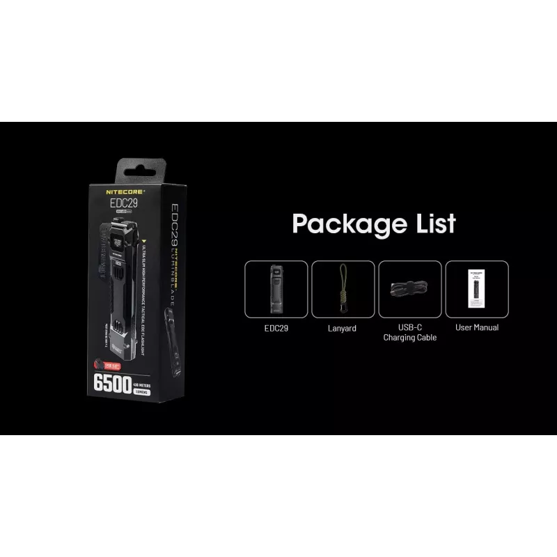 Zaklamp Nitecore EDC29 roestvrijstalen behuizing, 2 LED's, 15–6500 lm, IP54, USB oplaadbaar