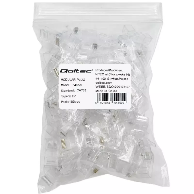 Modulaire RJ45-stekker QOLTEC 54550 CAT5e UTP, 100-pack