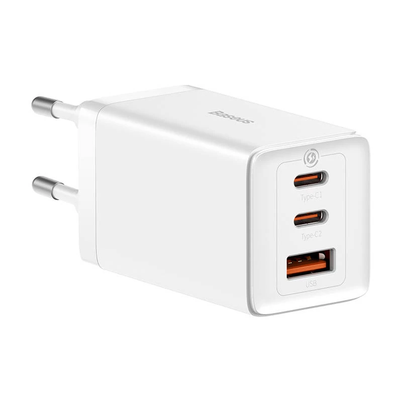 Wandlader Baseus GaN5 Pro 65W — USB + 2×USB-C (QC3.0, PD3.0) met 1m USB-C-kabel, wit
