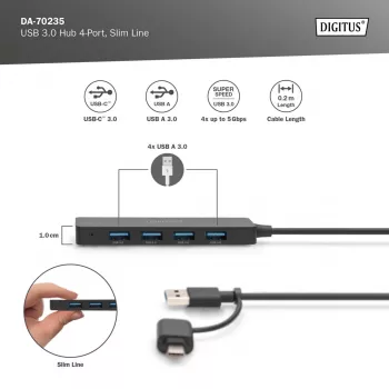 USB-hub, Digitus, DA-70235, 4-poorts, USB 3.2 Gen 1, Type-A en Type-C, 12000 Mbit/s