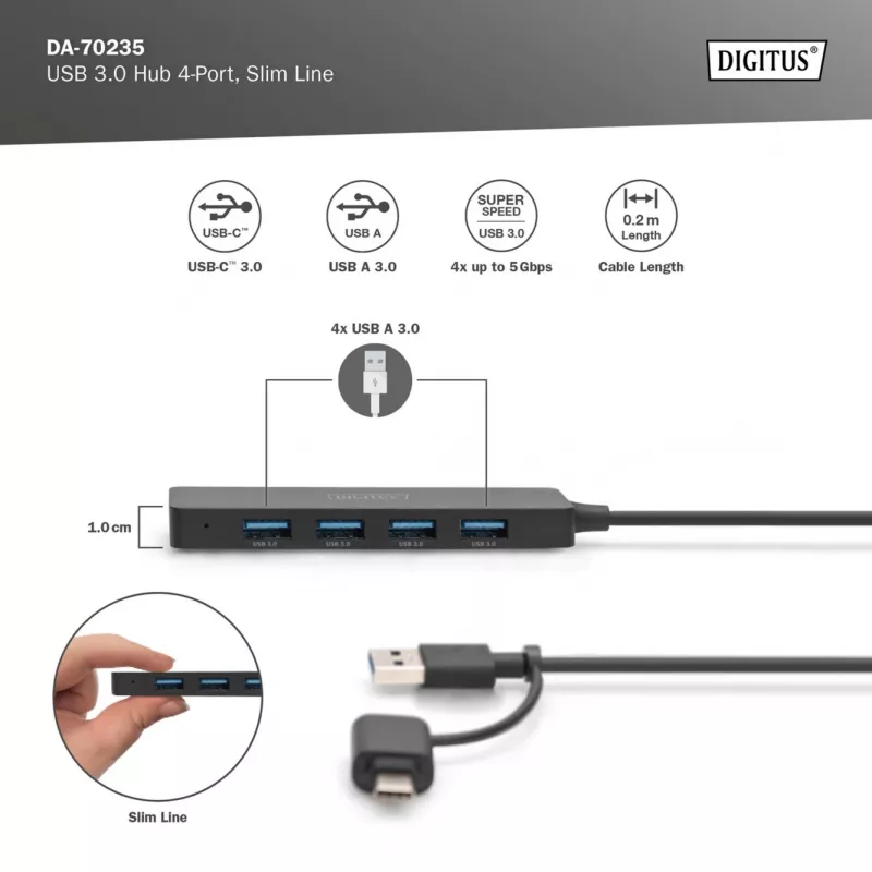 USB-hub, Digitus, DA-70235, 4-poorts, USB 3.2 Gen 1, Type-A en Type-C, 12000 Mbit/s
