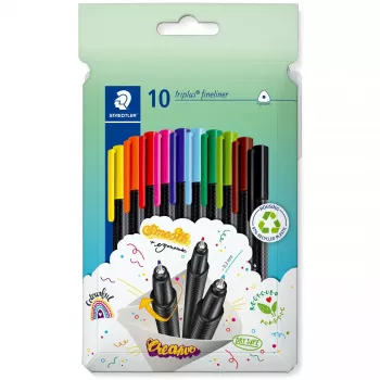 Fineliners Staedtler 334 C10, superfijne 0,3 mm punt, 10 kleuren (zwart, blauw, bruin, groen, lichtblauw, lichtgroen, oranje, roze, rood, geel)