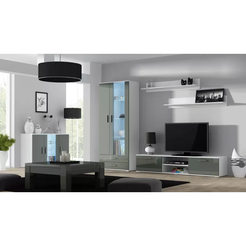 Sideboard cama meble SOHO S7, 120 cm, wit/grijs hoogglans, 3 deuren, 4 legplanken