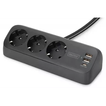 Meervoudig stopcontact DIGITUS 3-voudig met 2×USB-A & 1×USB-C, 3 AC-stopcontacten Type E/F, 1,5 m kabel, zwart