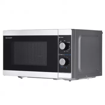 Combimagnetron Sharp YC-MG01E-S — 20 l, 800 W magnetron, 1000 W grill, 5 vermogensstanden, draaiknop, 25,5 cm draaischijf