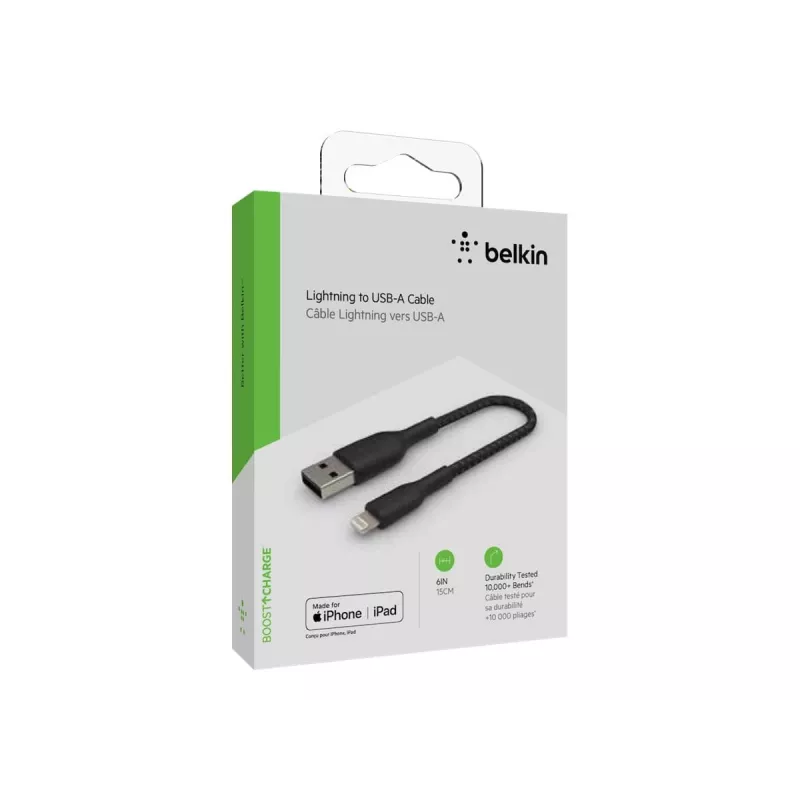 Kabel gevlochten USB-Lightning 15 cm zwart
