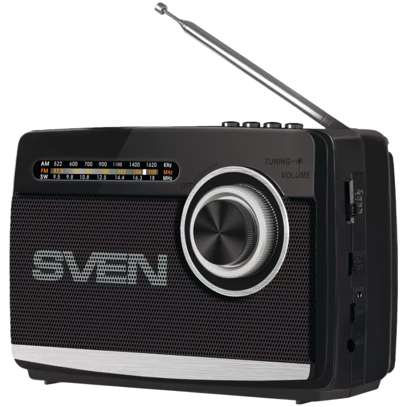 Luidspreker SVEN SRP-155, zwart (3W, Bluetooth, FM/AM/SW, USB, microSD, zaklamp, accu)