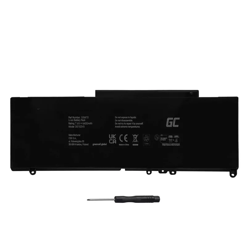 Green Cell DE102V3 accu voor DELL Latitude E5250 E5450 E5550, 7,6 V 6200 mAh LiPo, zwart