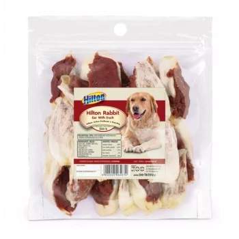 Hondensnack Hilton konijnenoor met eend — natuurlijke kauwsnack met eendensmaak, 500 g verpakking